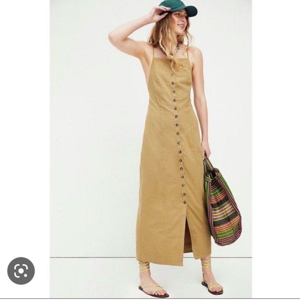 Free People button front midi dress linen cotton blend backless straps taupe XS